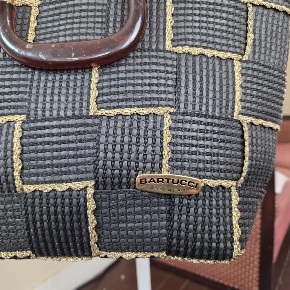 Bartucci Made in Italy Woven‎ Black Gold Tote Bag Rope Strap Top Handle